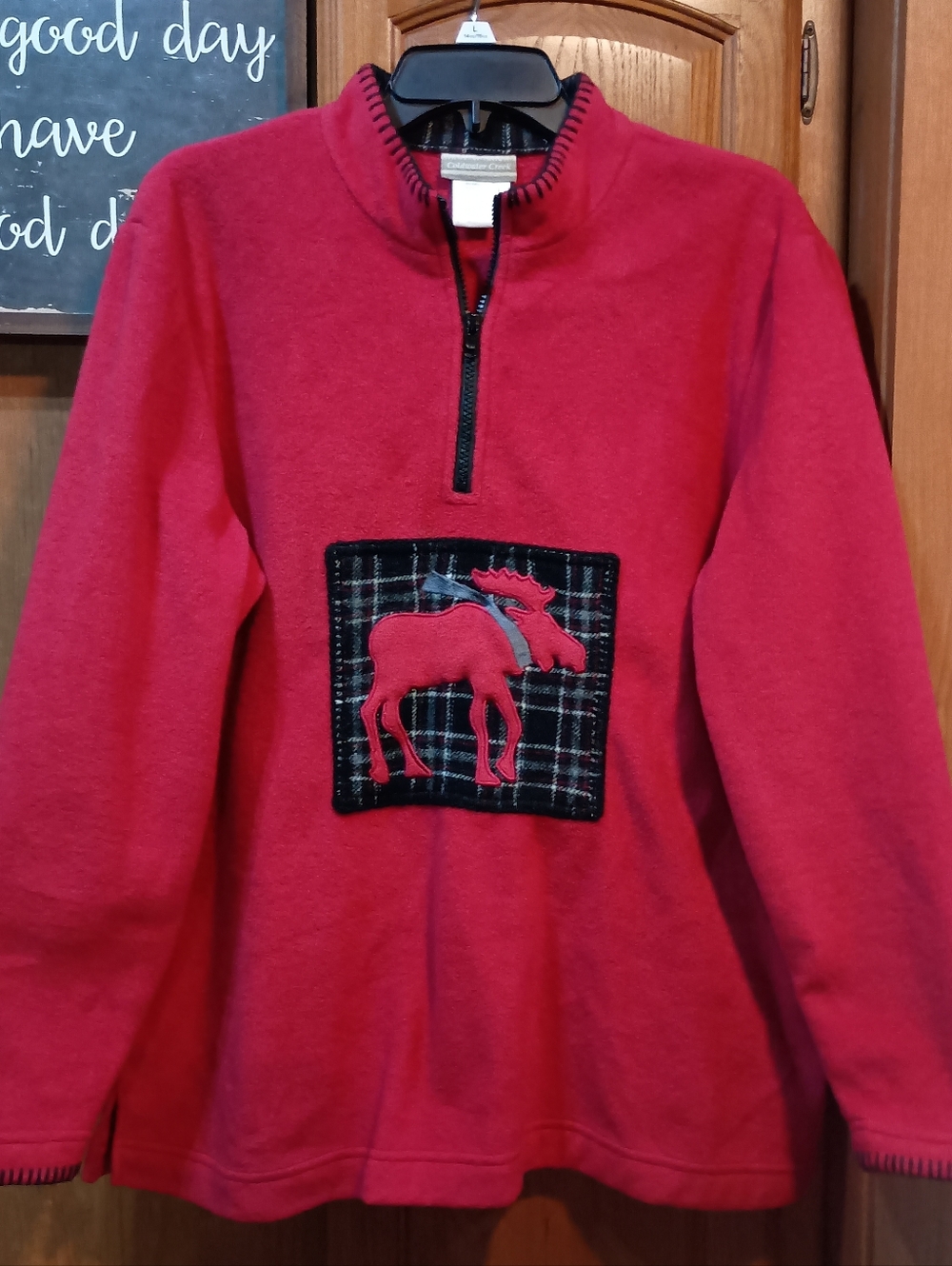 Coldwater Creek 1/4 Zip Red Fleece Pullover With Moose Design Large